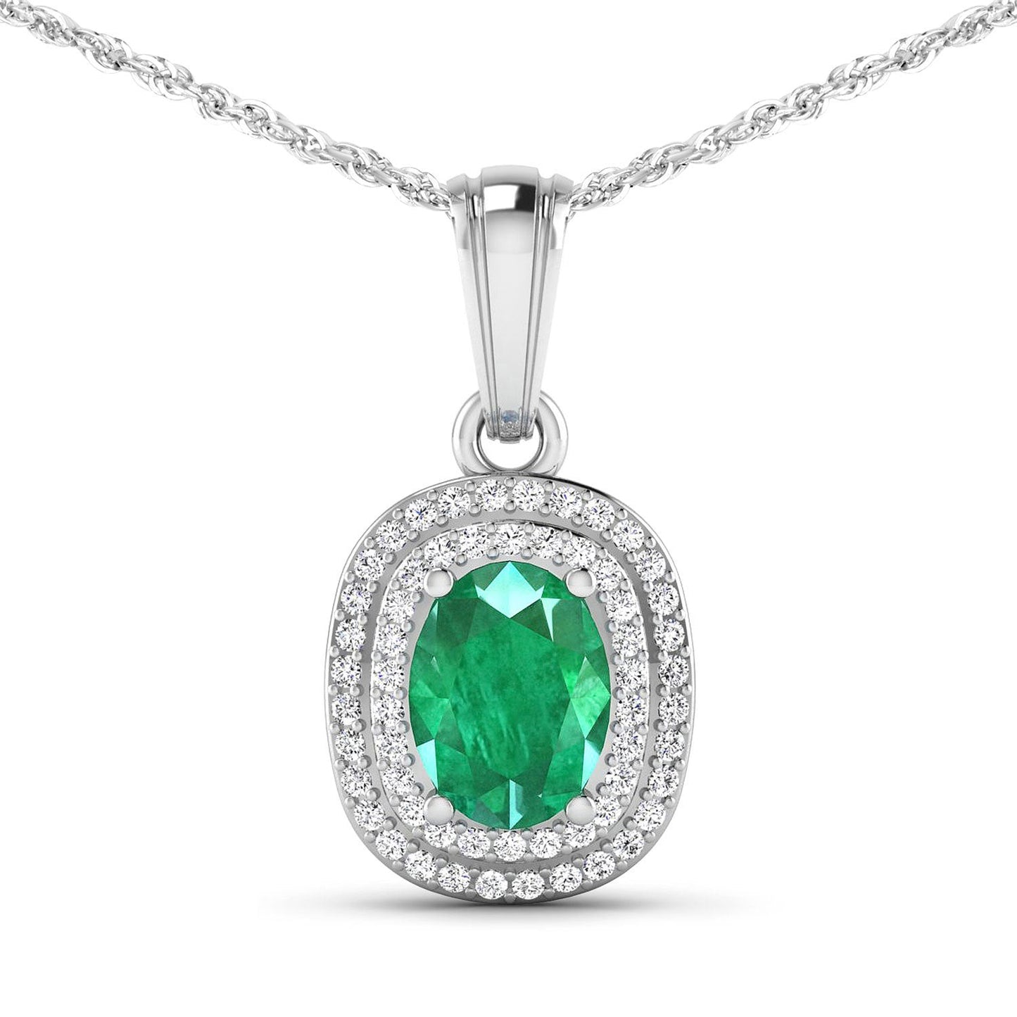 1.50 Carat Genuine Zambian Emerald & Diamond 14K White Gold Pendant