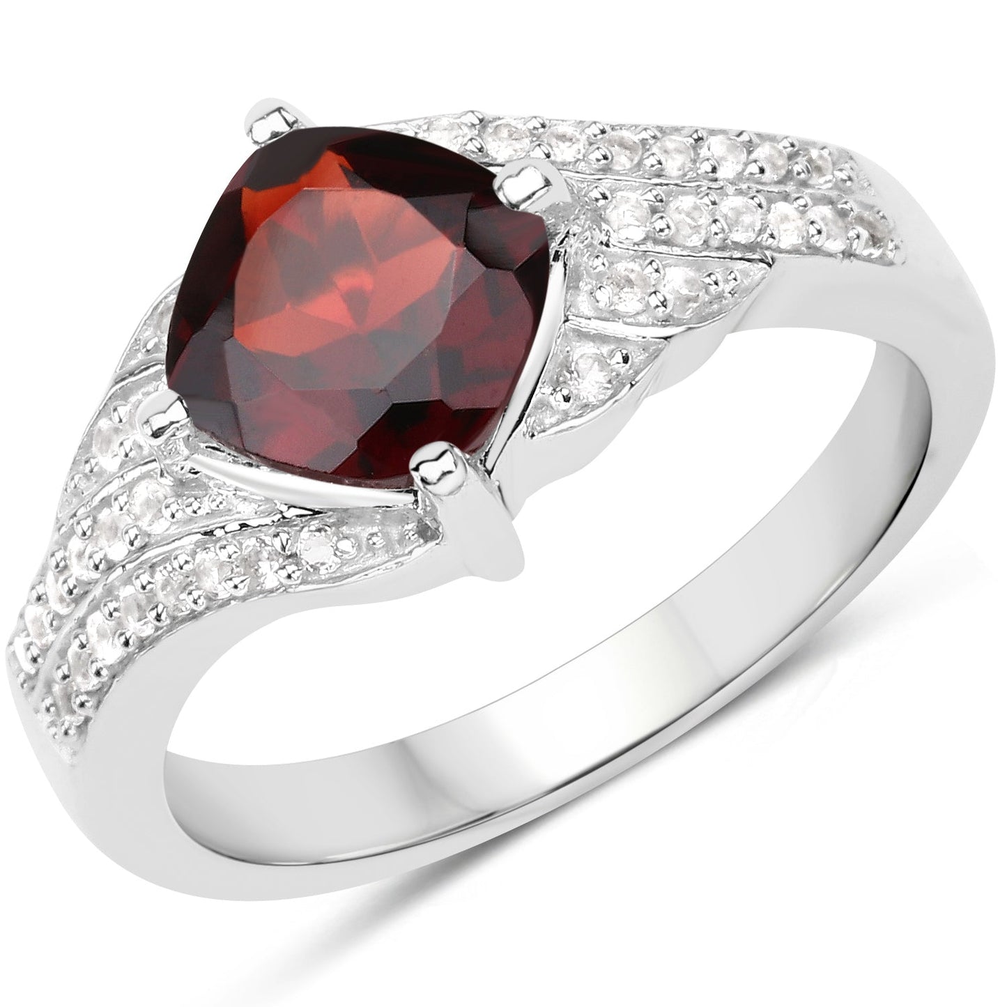Bague en argent sterling avec grenat véritable de 1,67 carat et topaze blanche