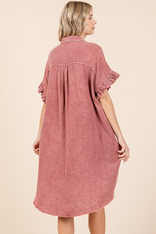 Mineral Wash Cotton Gauze Mini Shirt Dress for Women