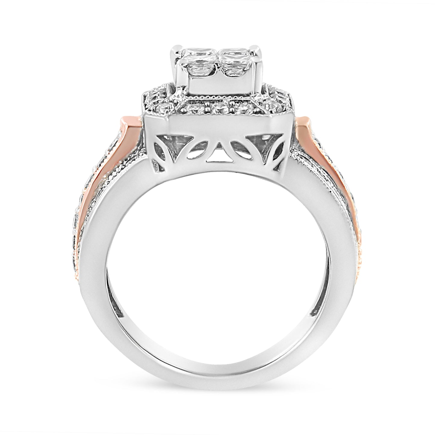 Anillo Halo Art Deco Triple Banda de Diamantes en Oro Blanco y Rosa de 14K - Talla 7