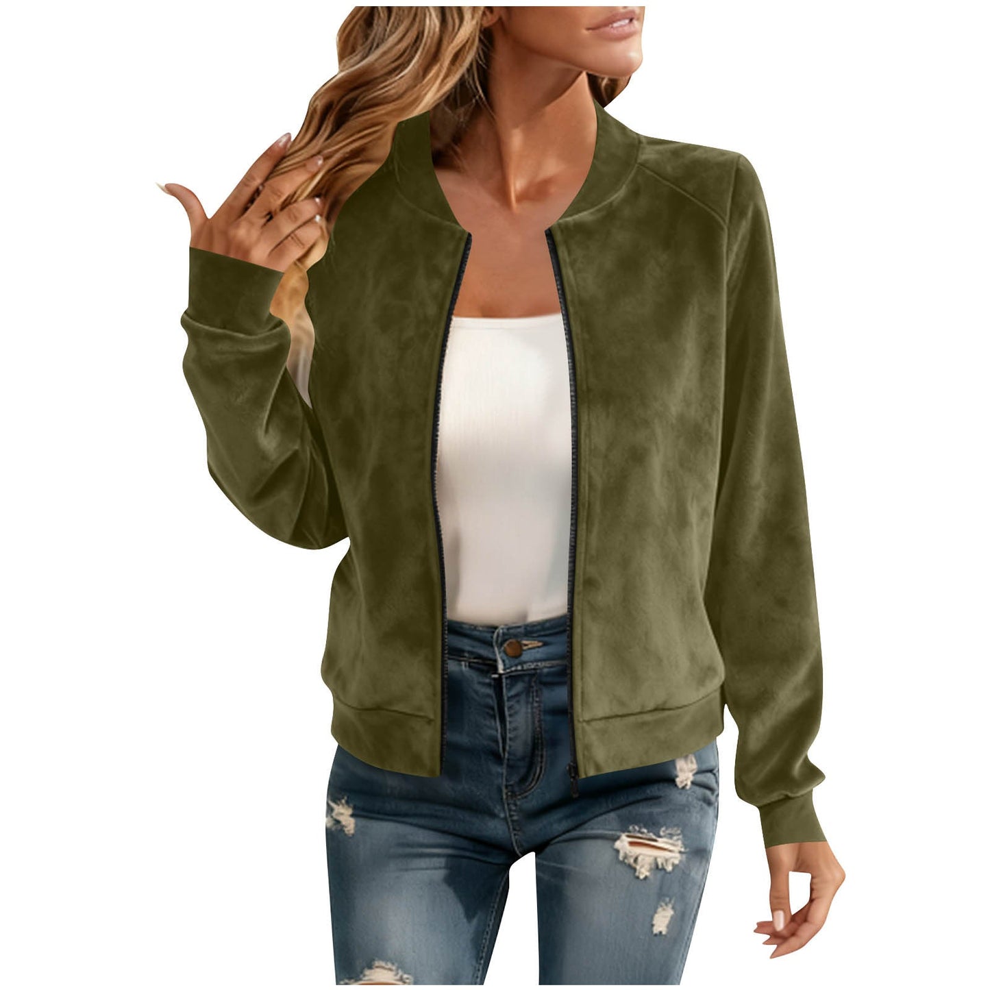 Elegant Round-neck Zip-up Deerskin-fleece Bomber Jacket
