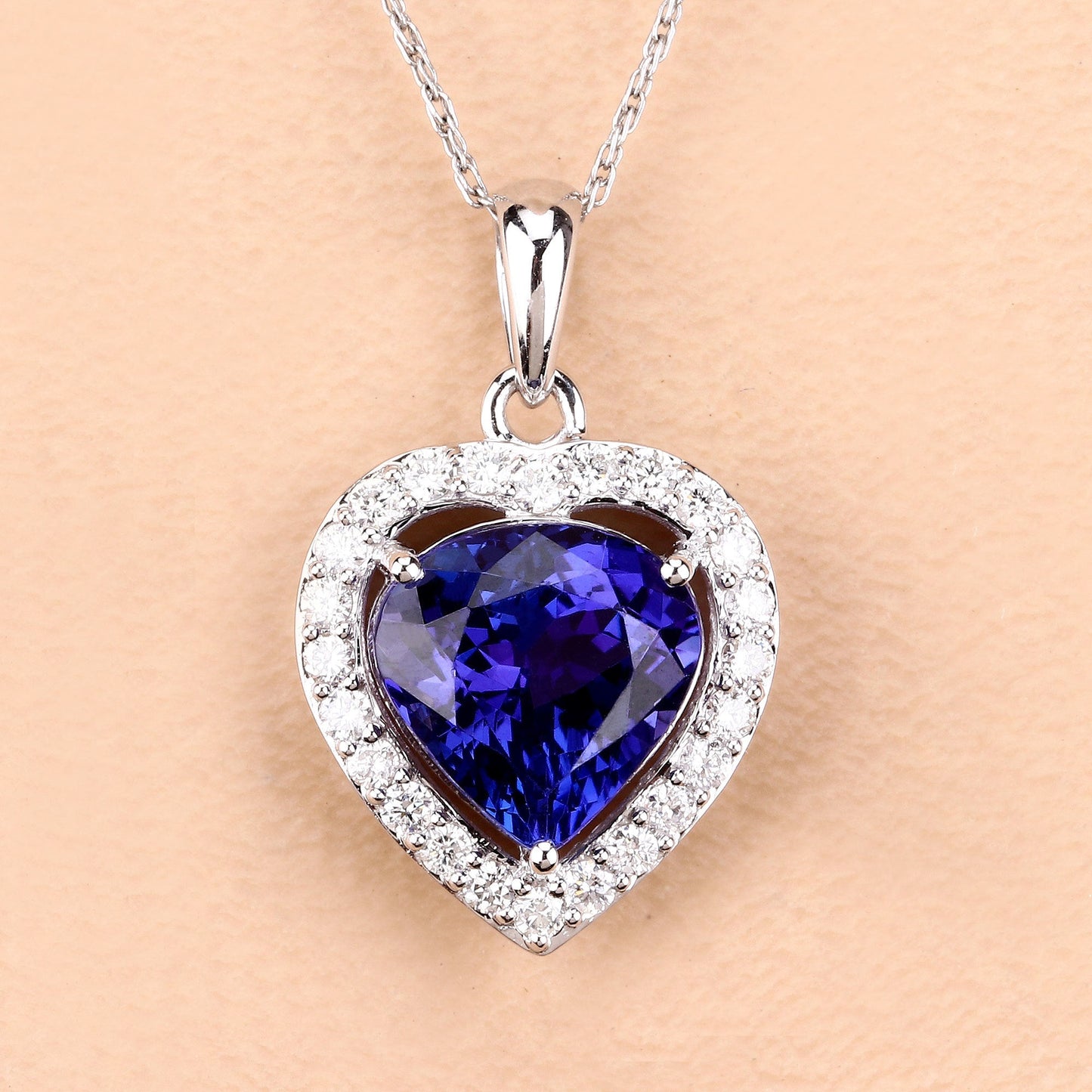 3.74 Carat Genuine Tanzanite and White Diamond Pendant in 14K White Gold