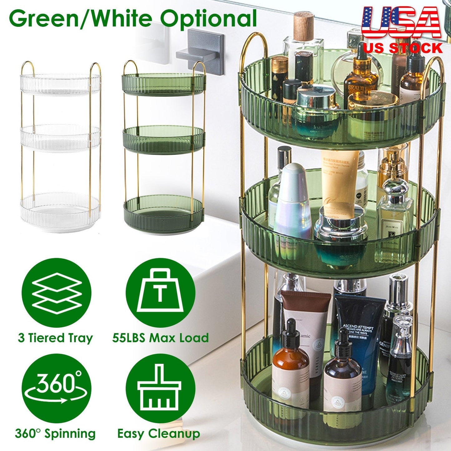 3 Tier Rotating Makeup Organizer - 360° Spinning Storage Tray