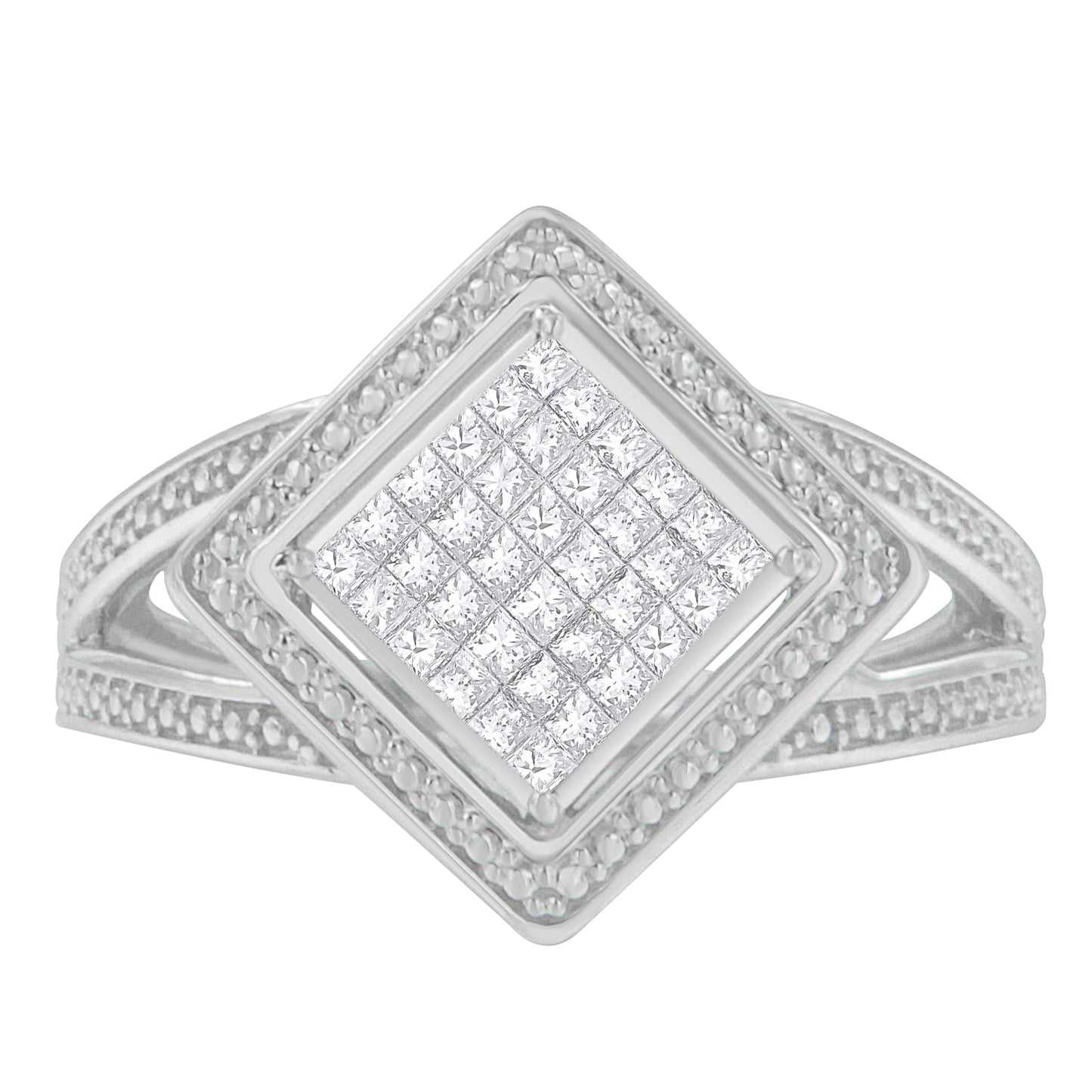 Anillo Halo de Diamante Corte Princesa de Plata Esterlina .925 - Tamaño 7