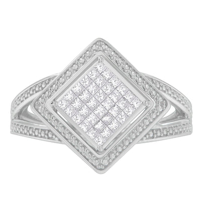 .925 Sterling Silver Princess-Cut Diamond Halo Ring - Size 7