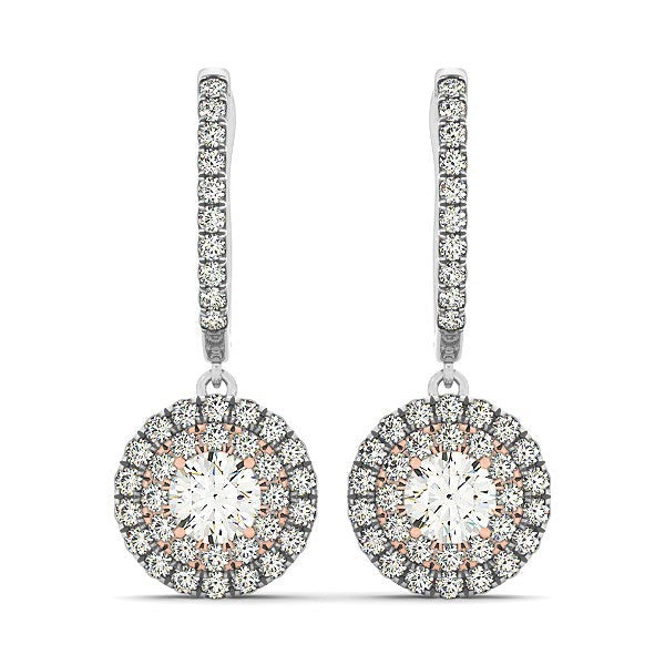14k White and Rose Gold Drop Diamond Earrings with Halo Design