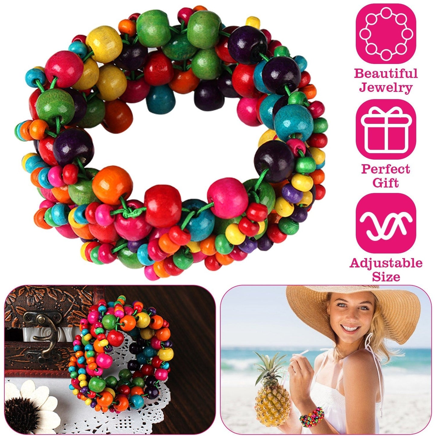 Vibrant Multi-Color Wooden Beaded Stretch Bracelet