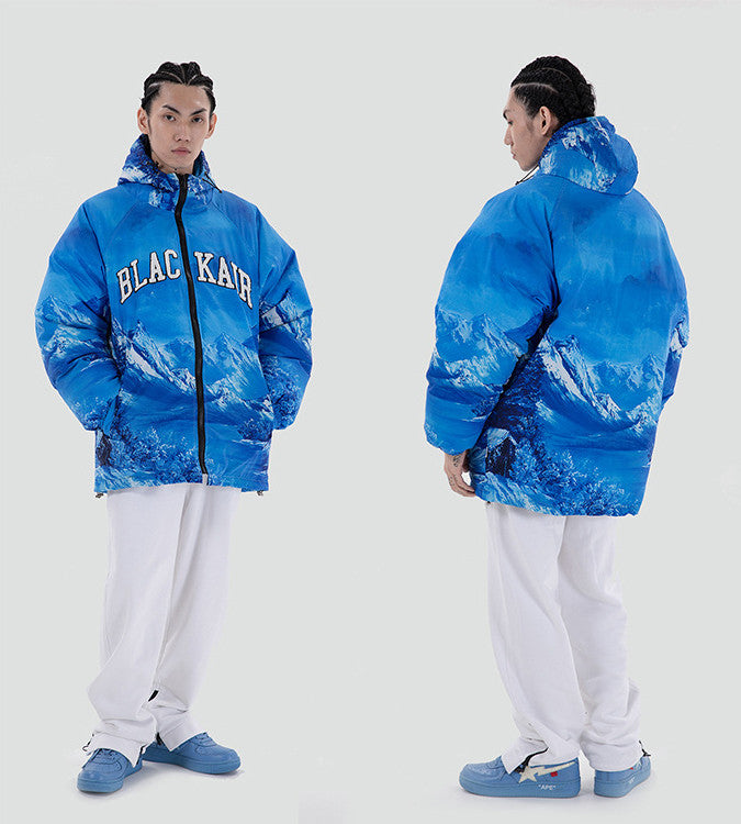 Snow Mountain Blue Embroidered Cotton Puffer Jacket