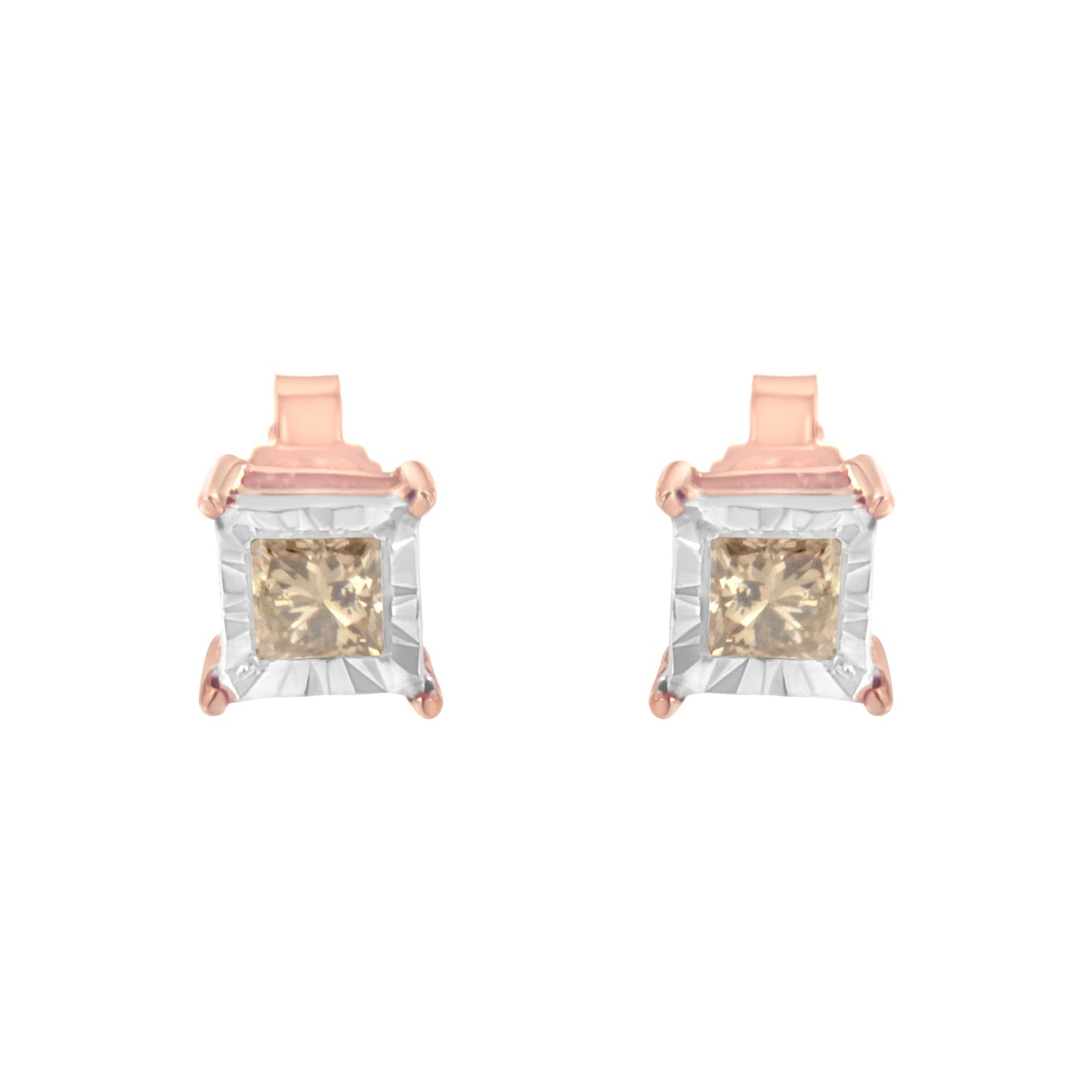 14K Rose Gold Plated Two-Tone Diamond Solitaire Stud Earrings