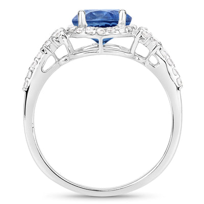 Bague Halo en Saphir Bleu et Diamants de 1,34 Carat en Or Blanc 14K