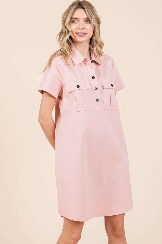 Vestido de Camisa de Manga Corta con Cuello y Detalle de Botones para Mujeres