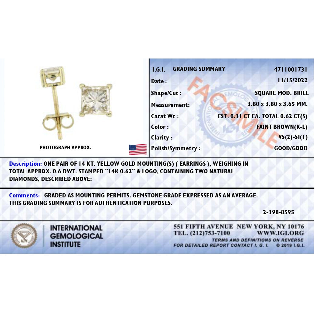 Boucles d'oreilles en diamant brun naturel princesse en or jaune 14K