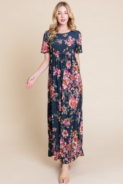 Floral Short Sleeve Maxi Dress - Elegant & Versatile