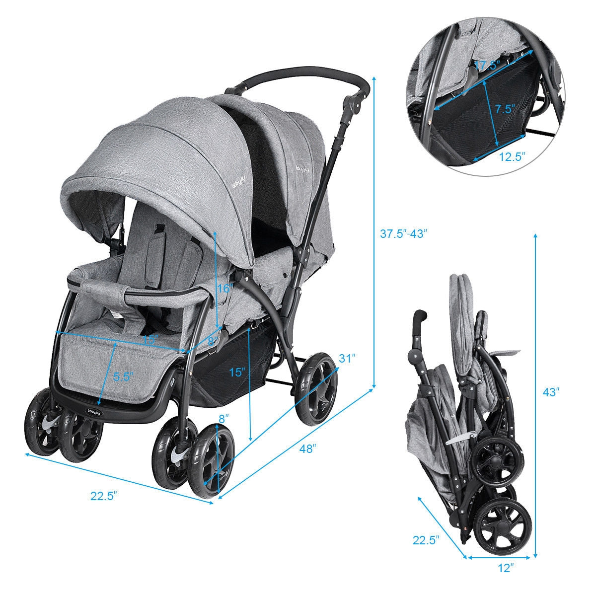 Foldable Lightweight Double Baby Stroller - Gray