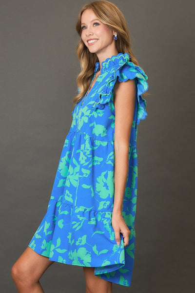Robe Mini Imprimée Florale Bicolore Élégante Bleue