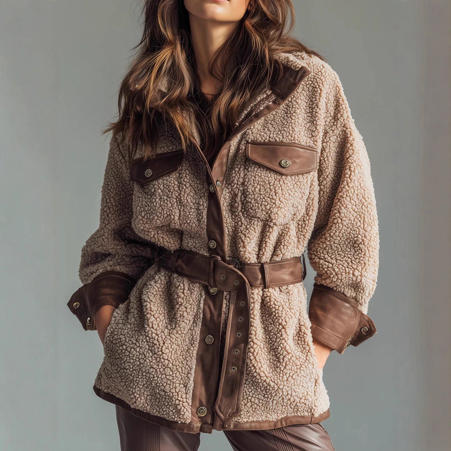 Women's Thickened Lamb Fur Spliced PU Leather Retro Coat