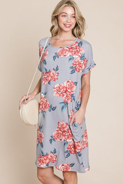 Floral Round Neck Short Tee Dress with Pockets for Women