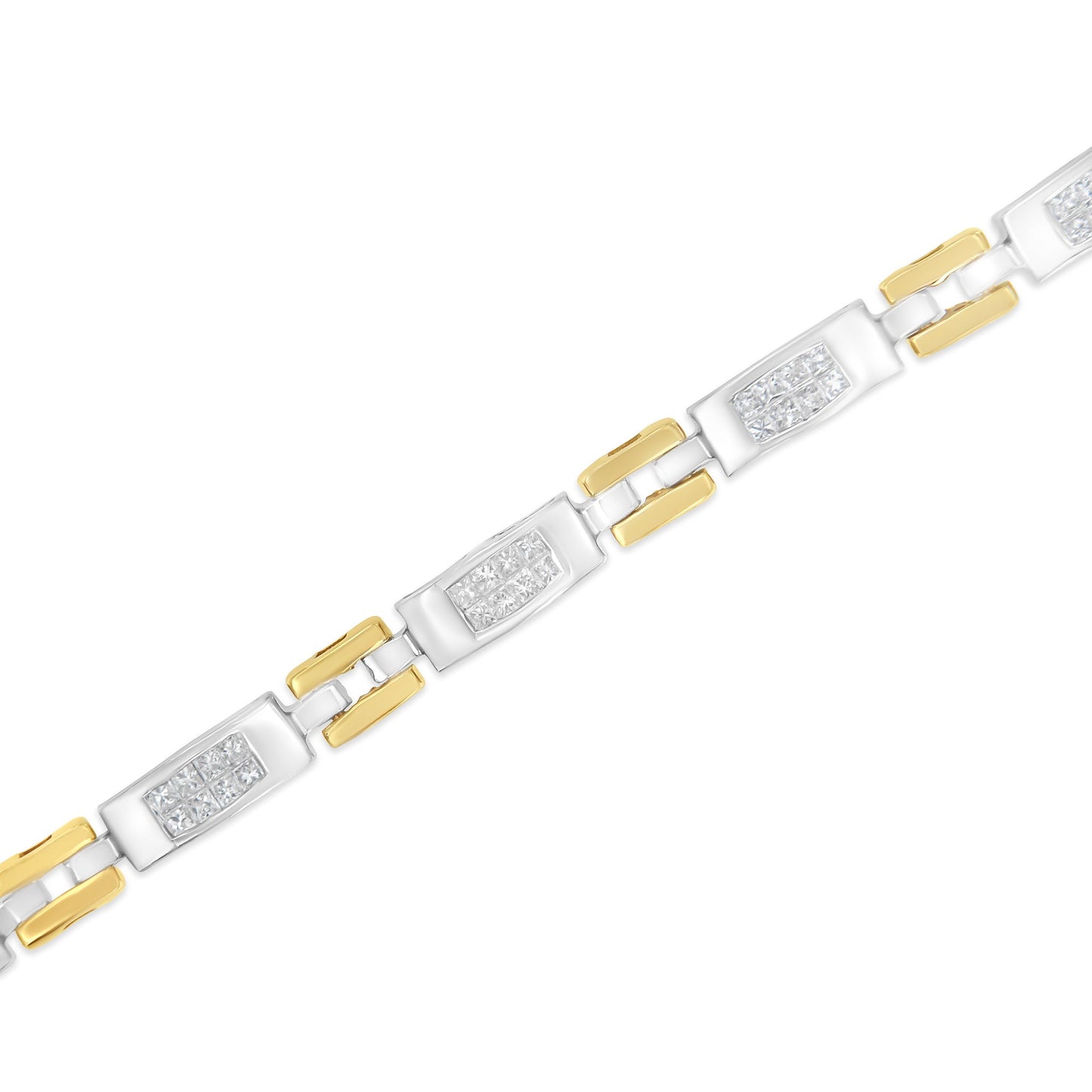 Pulsera de eslabones geométricos de diamantes de corte princesa de oro bicolor de 10K