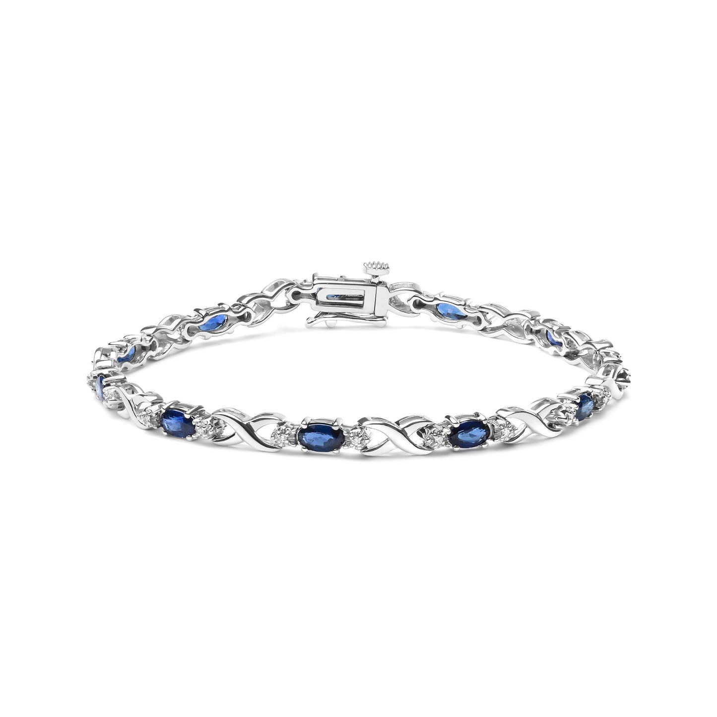 Bracelet en or blanc 10K avec saphir et diamants en sertissage griffes - Taille 7