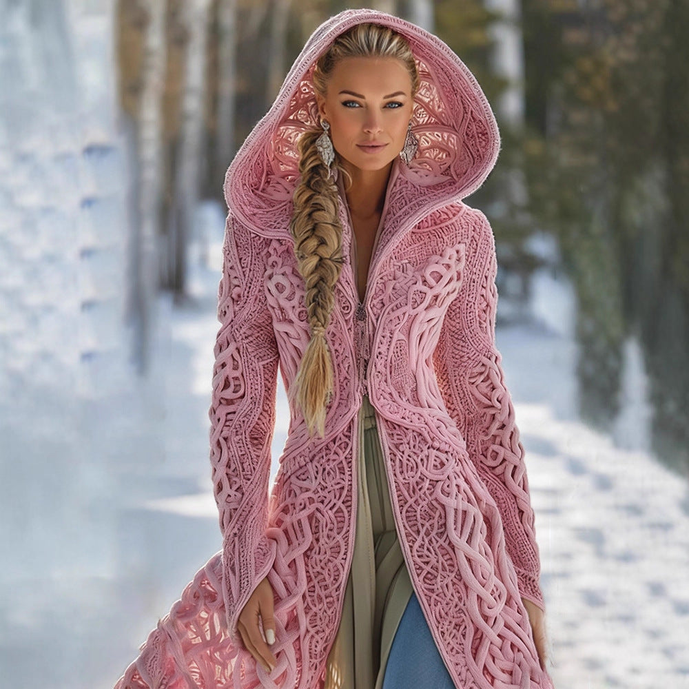 Long Loose-fitting Hooded Coat with 3D Digital Print