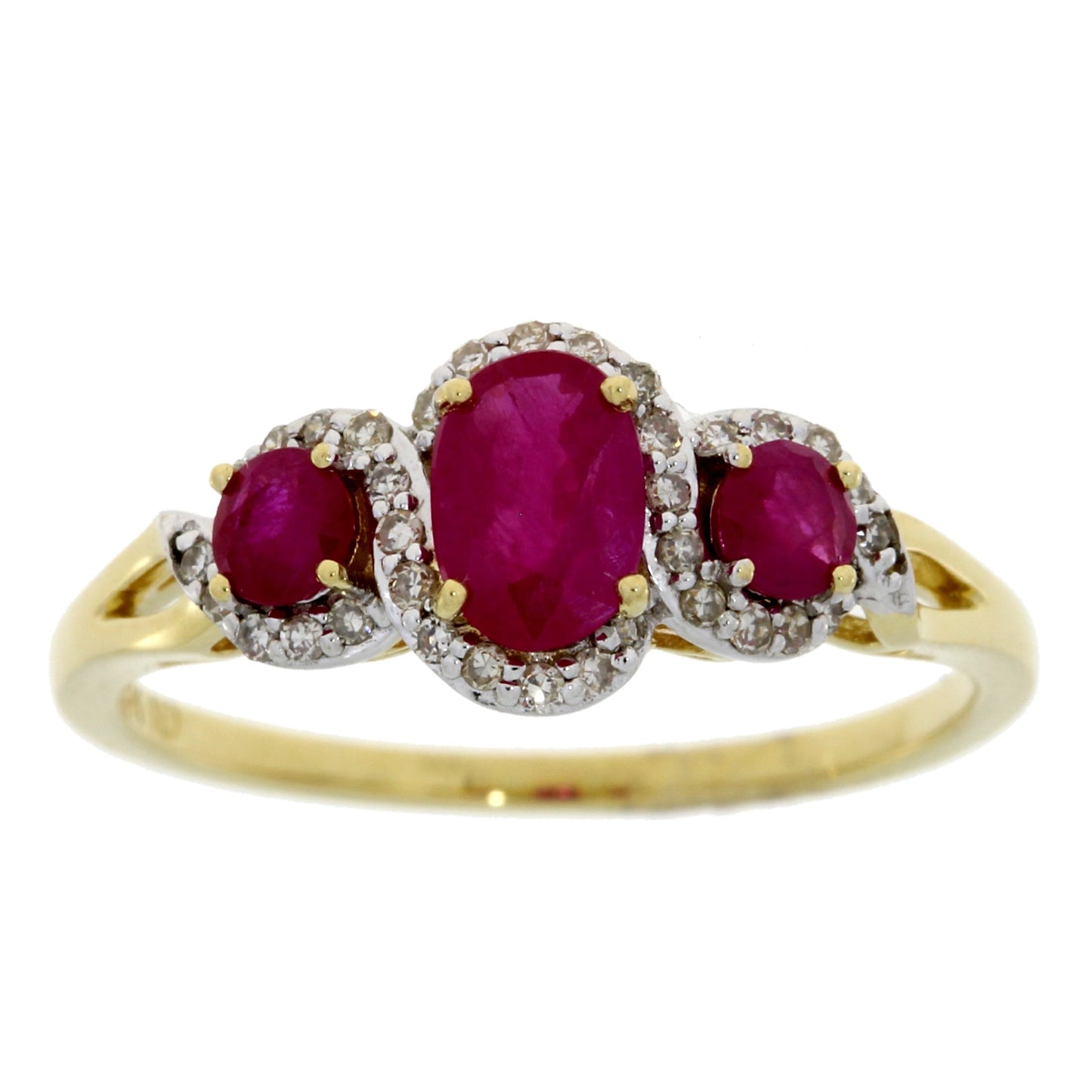 Anillo de 3 piedras con rubí y diamantes de 1.04ct en oro amarillo de 14KT