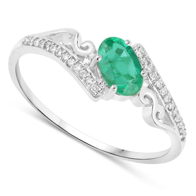 Anillo de Compromiso de Esmeralda Zambiana y Diamante de 0.51 Quilates en Oro Blanco de 14K