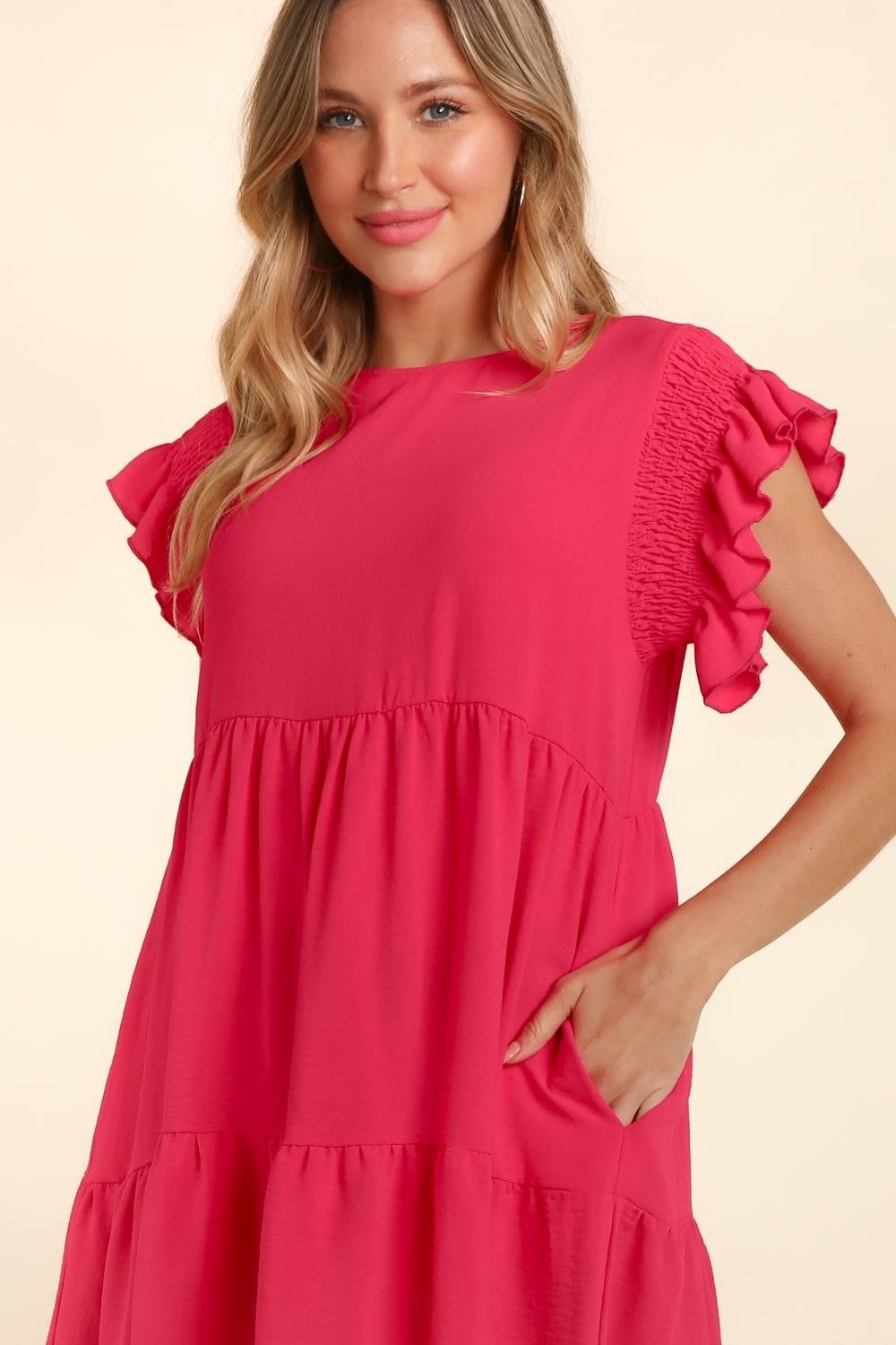 Elegant Full Size Smocking Ruffle Short Sleeve Dress with Pockets