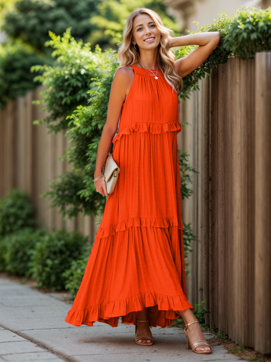 Elegant Ruffled Sleeveless Tiered Maxi Dress with Pockets