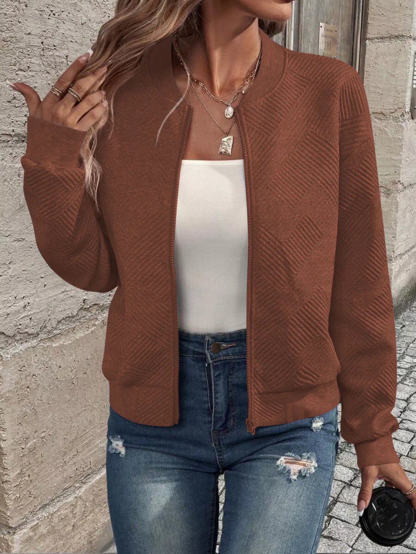 Veste Bomber à Fermeture Éclair Texturée