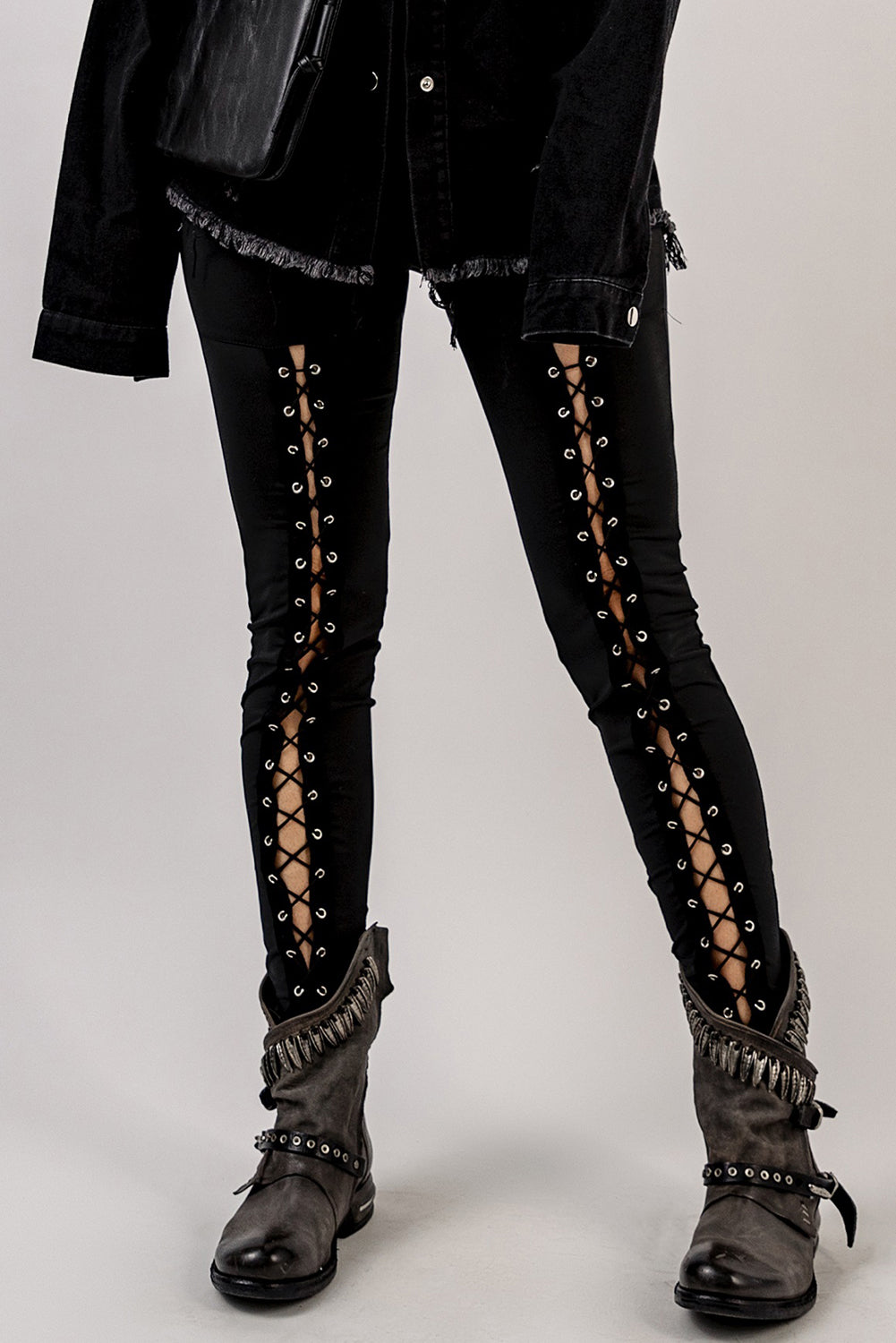 Black Grommet Lace Up Front Leggings - Korvel