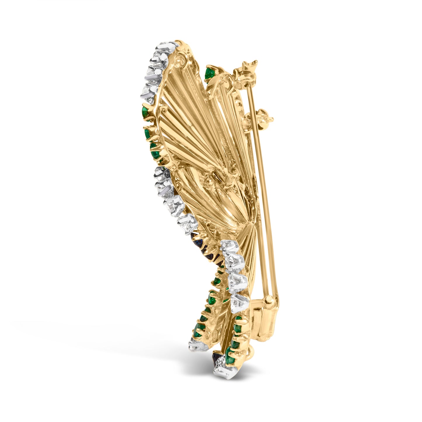 Broche de pétalo de diamante, zafiro y esmeralda en oro amarillo de 18 quilates