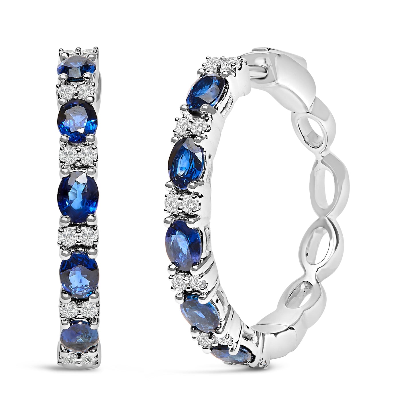 14K White Gold Oval Blue Sapphire & Diamond Hoop Earrings