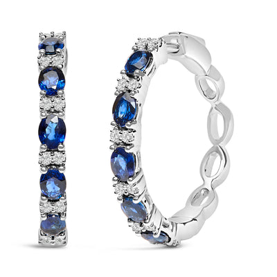 Pendientes de aro de zafiro azul y diamante en oro blanco de 14 quilates