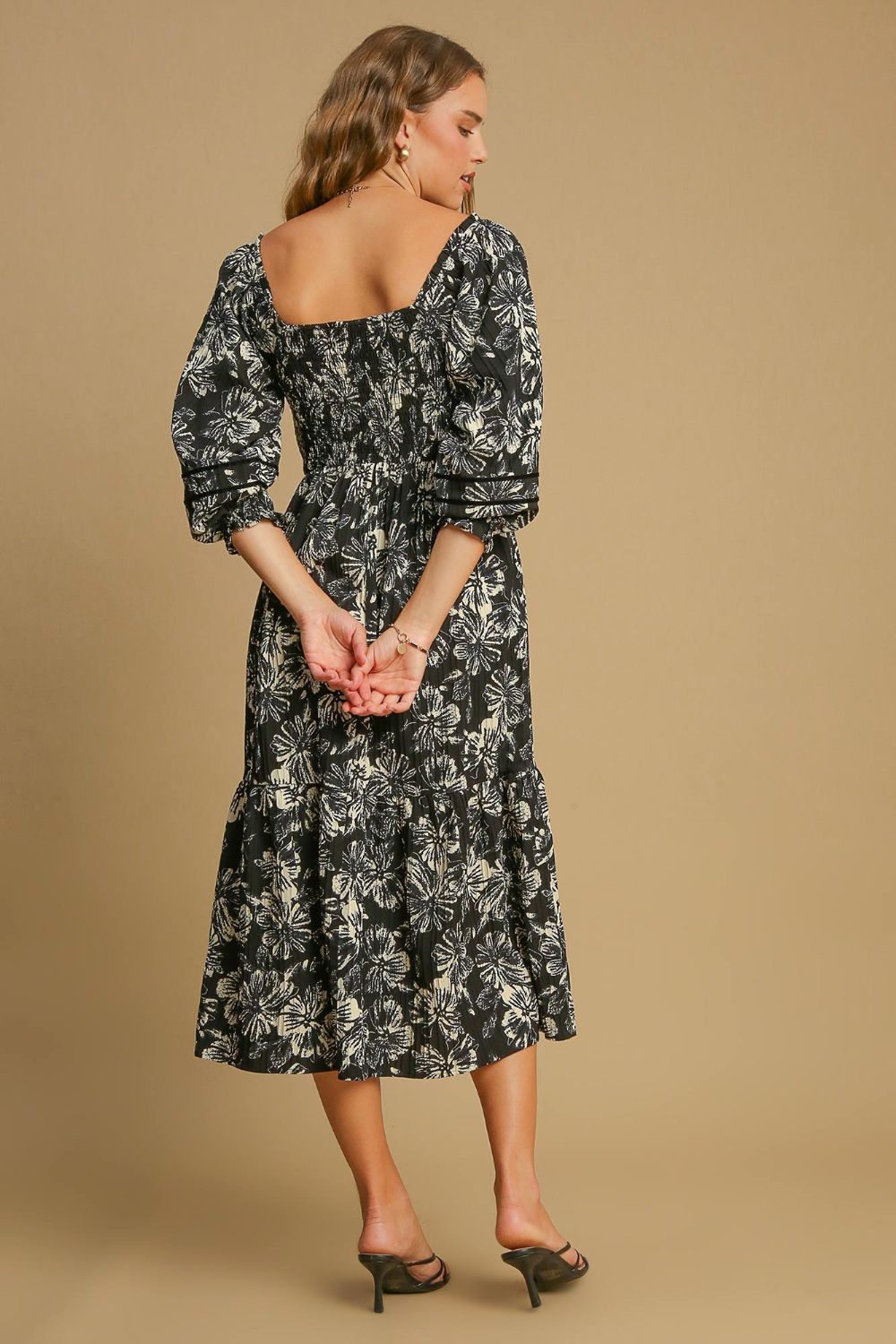 Vestido de V-Cuello Impreso con Flores y Volantes