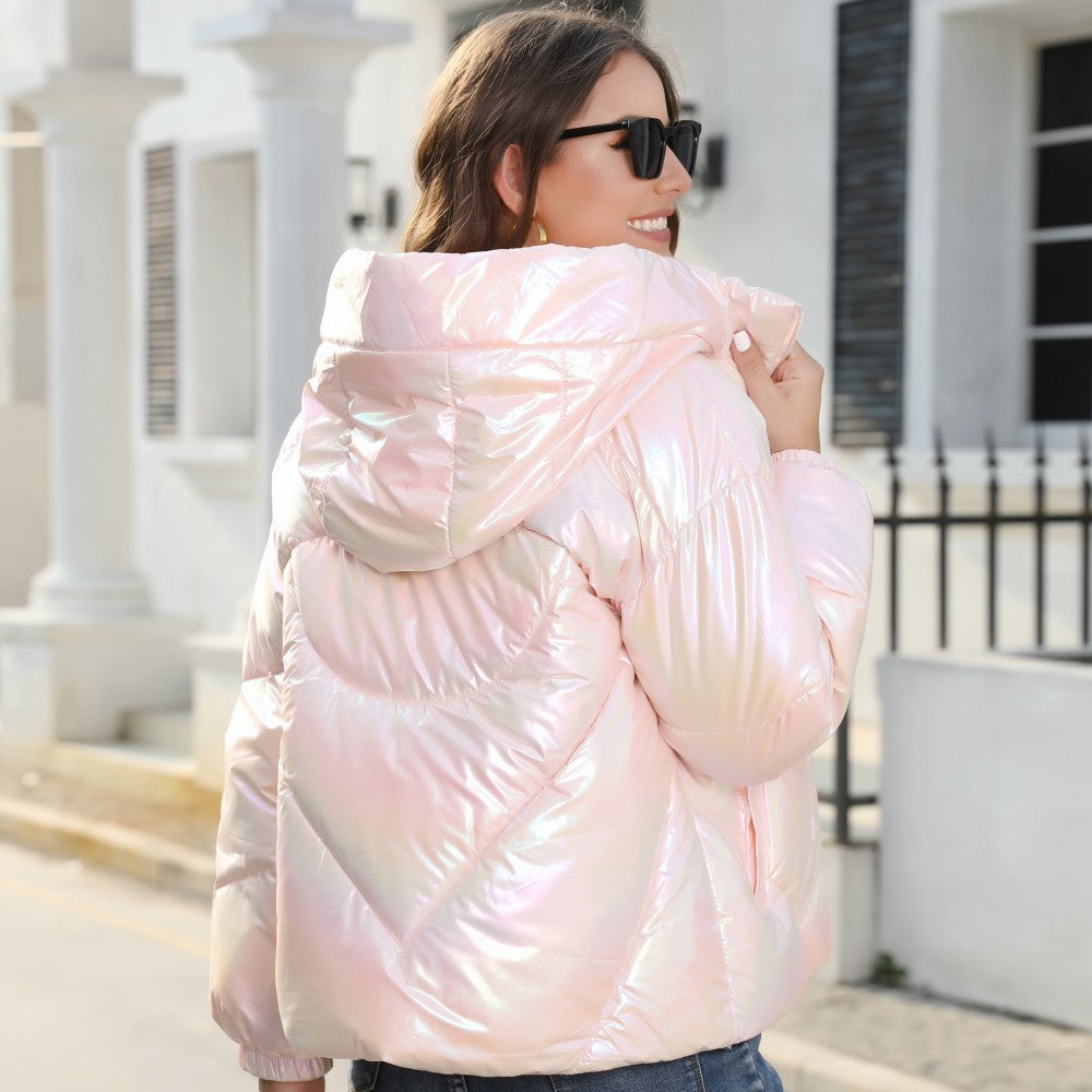 Shiny Surface Cotton Hooded Puffer Jacket