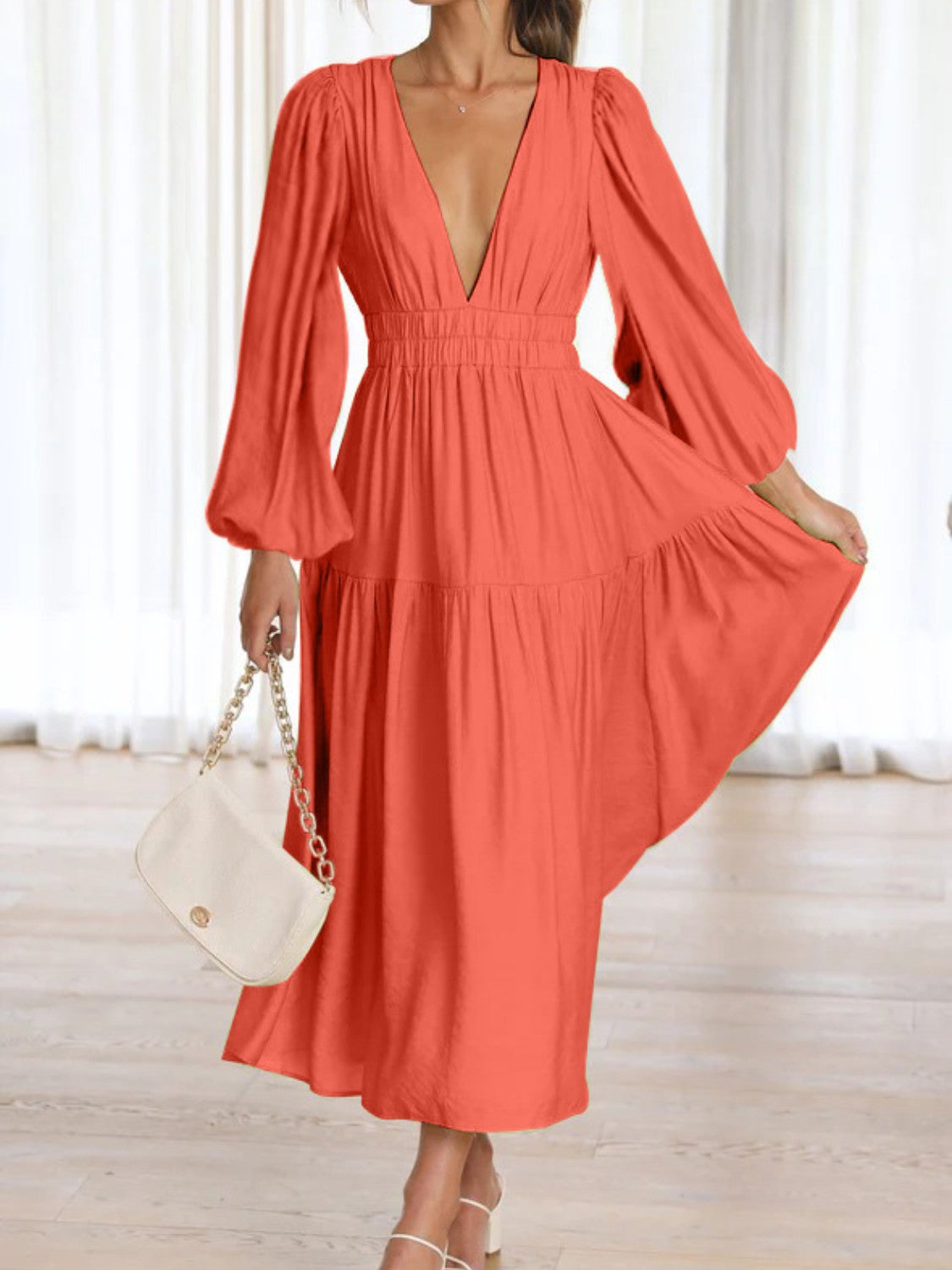 Elegant Lightweight Deep V-Neck Balloon Sleeve Maxi Dress