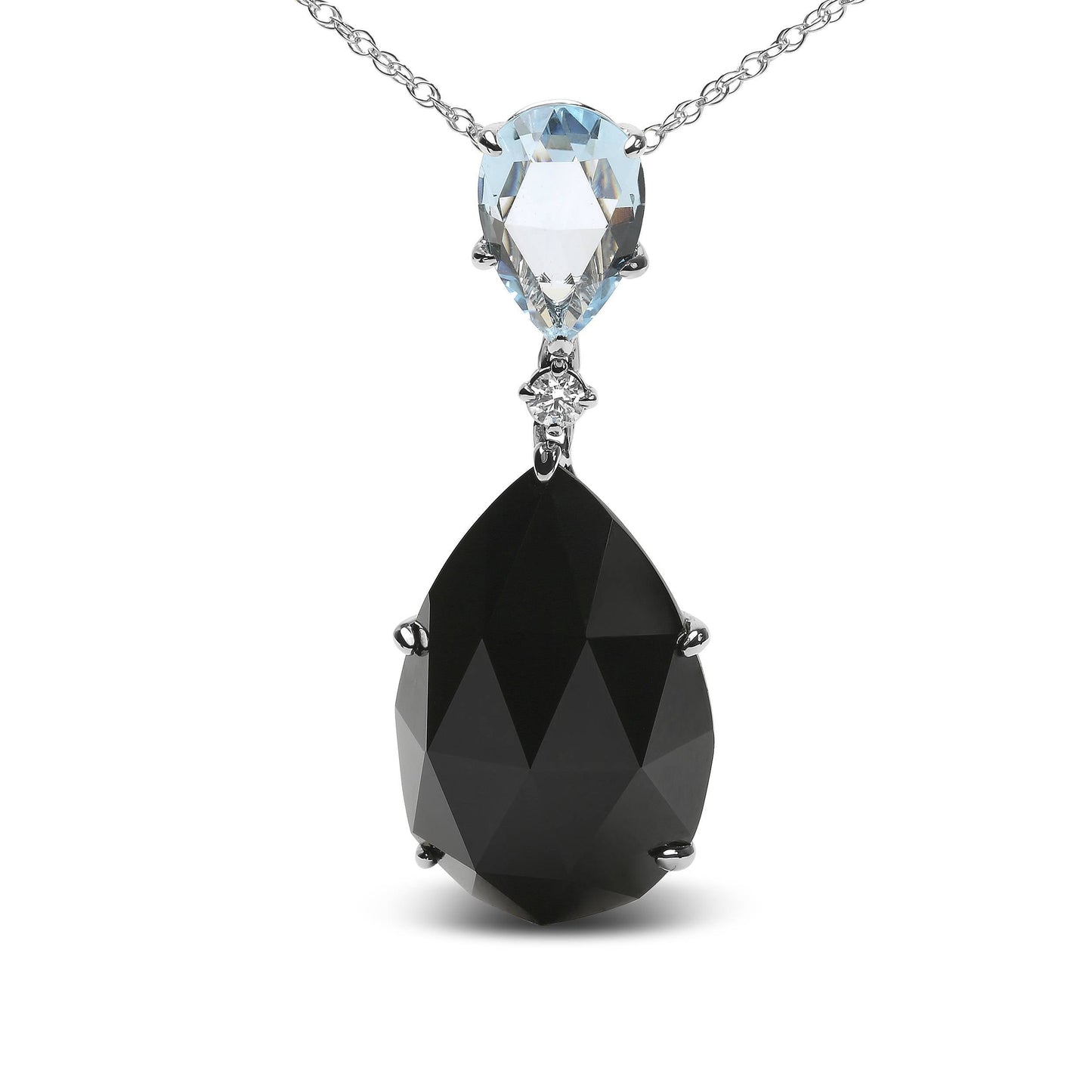 Collier Dangle en Or Blanc 18K avec Topaze et Onyx en Forme de Poire