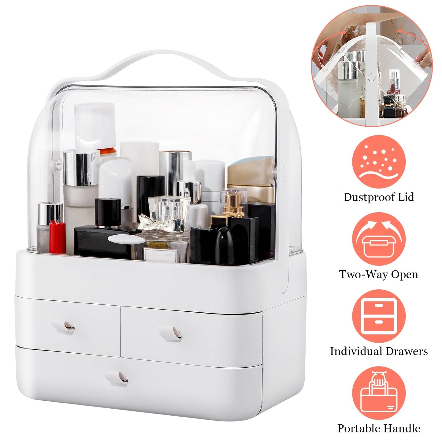 Organizador de Maquillaje de 3 Niveles con Tapa a Prueba de Polvo y Asa Portátil