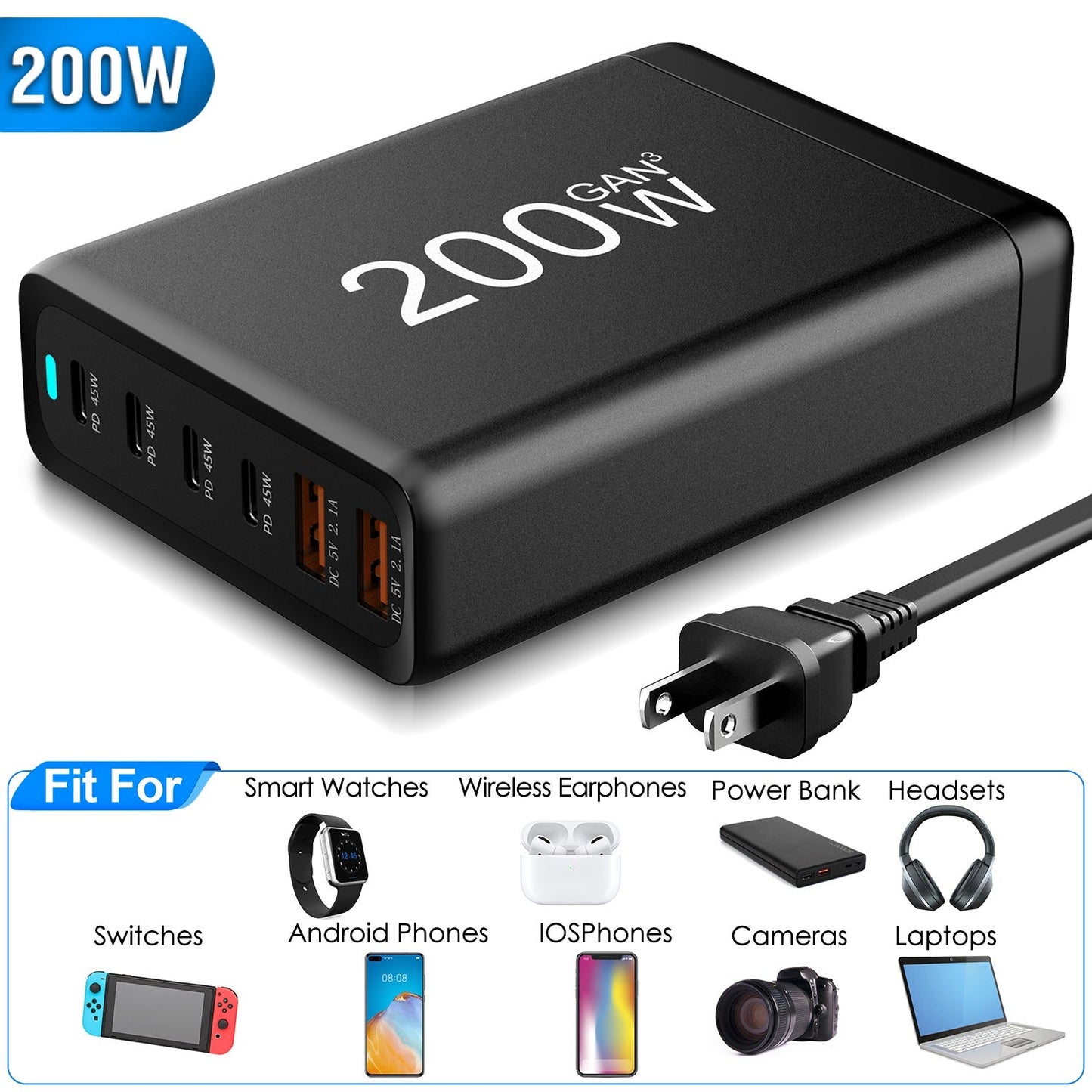 200W Fast Wall Charger with 6 Ports - Premium USB Charging Station