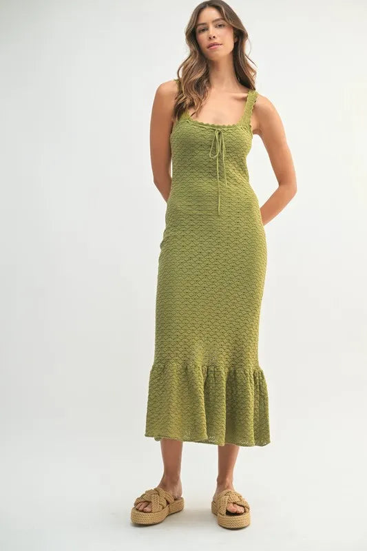 Elegant Ruffled Hem Sleeveless Crochet Knit Midi Dress