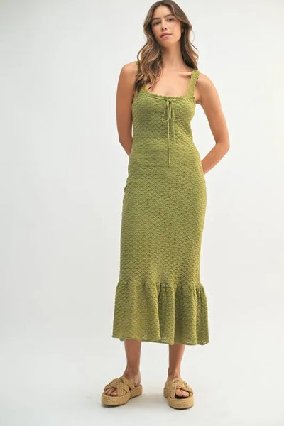 Elegant Ruffled Hem Sleeveless Crochet Knit Midi Dress