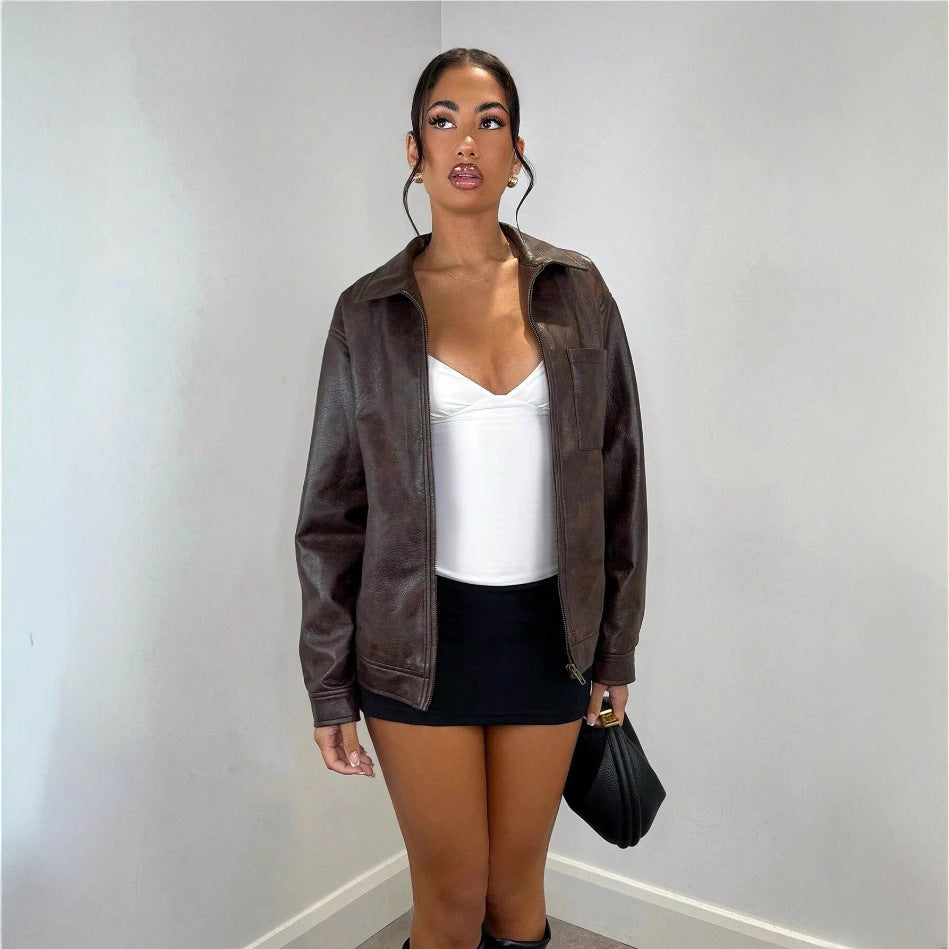 Chaqueta Bomber de Cuero Sofisticada con Cuello de Solapa
