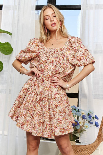 Floral Square Neck Puff Sleeve Dress for Women