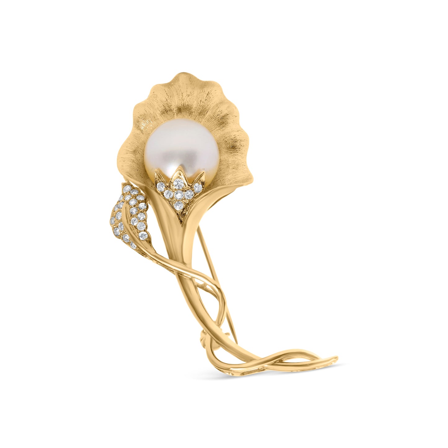 Broche de Flor de Diamante y Perla del Mar del Sur en Oro Amarillo de 18K