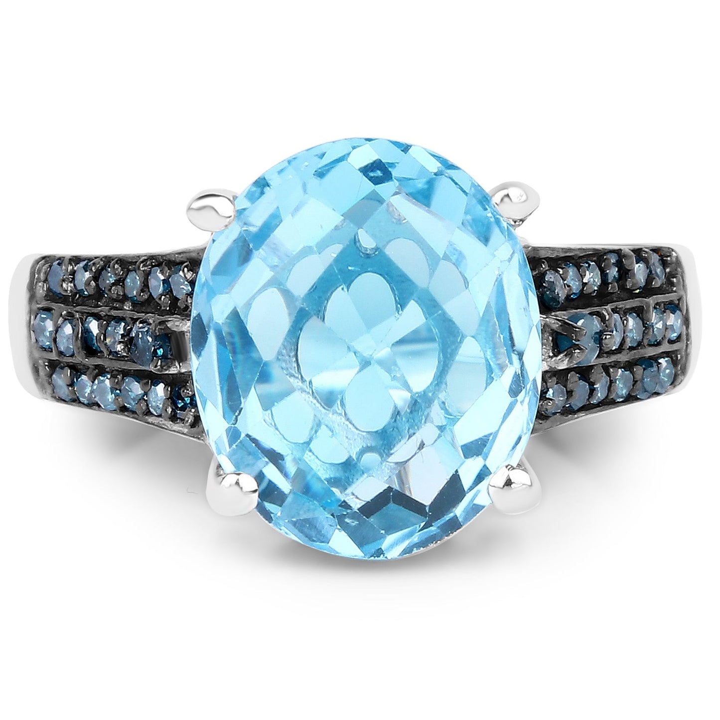 Bague en argent sterling de 5,51 carats en topaze bleue suisse et diamants bleus