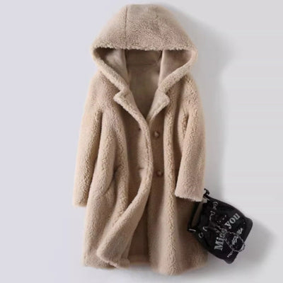 Abrigo con capucha de longitud media para mujer en cuero compuesto y piel