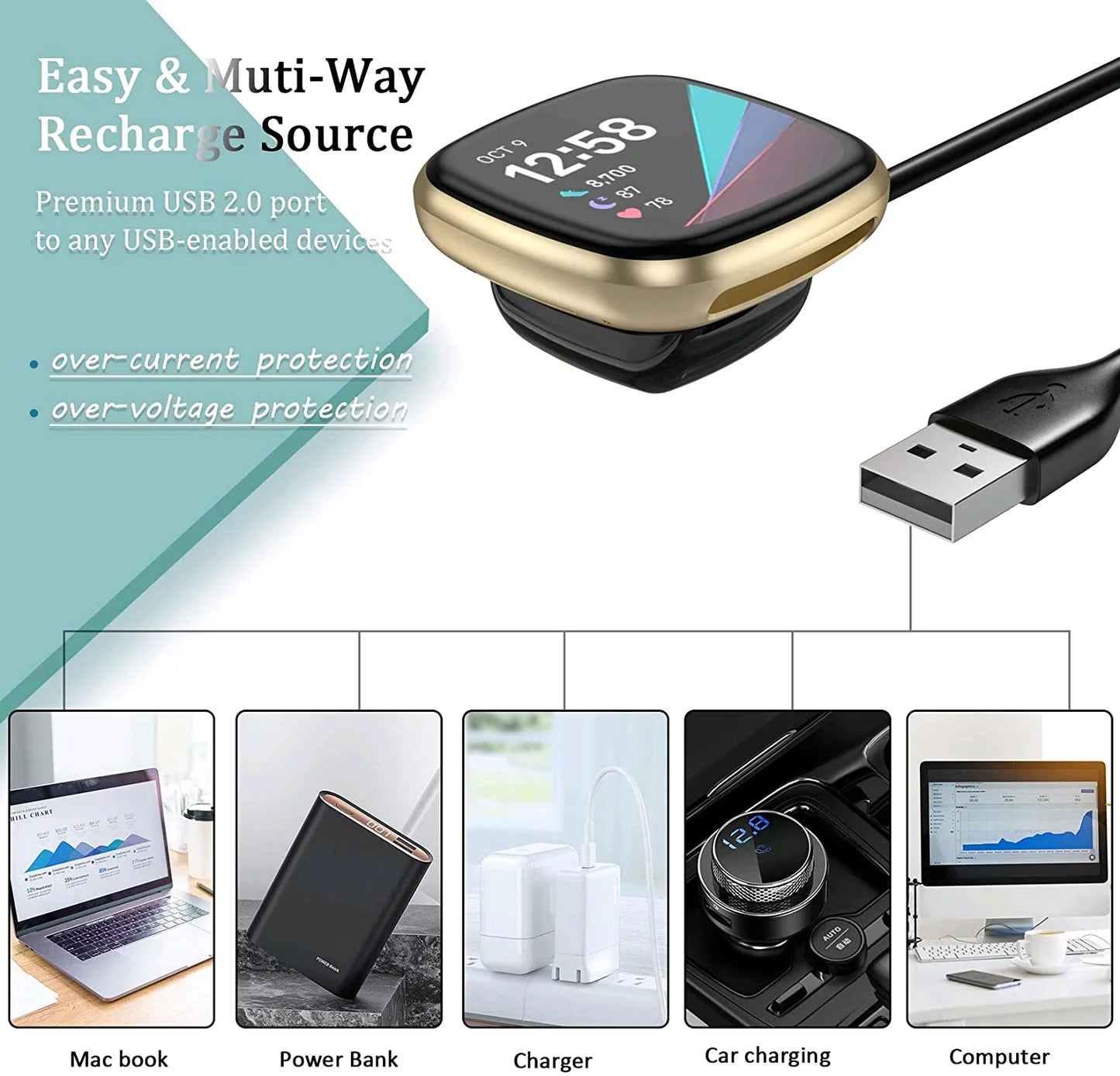 Chargeur sans fil premium pour Fitbit Sense et Versa 3