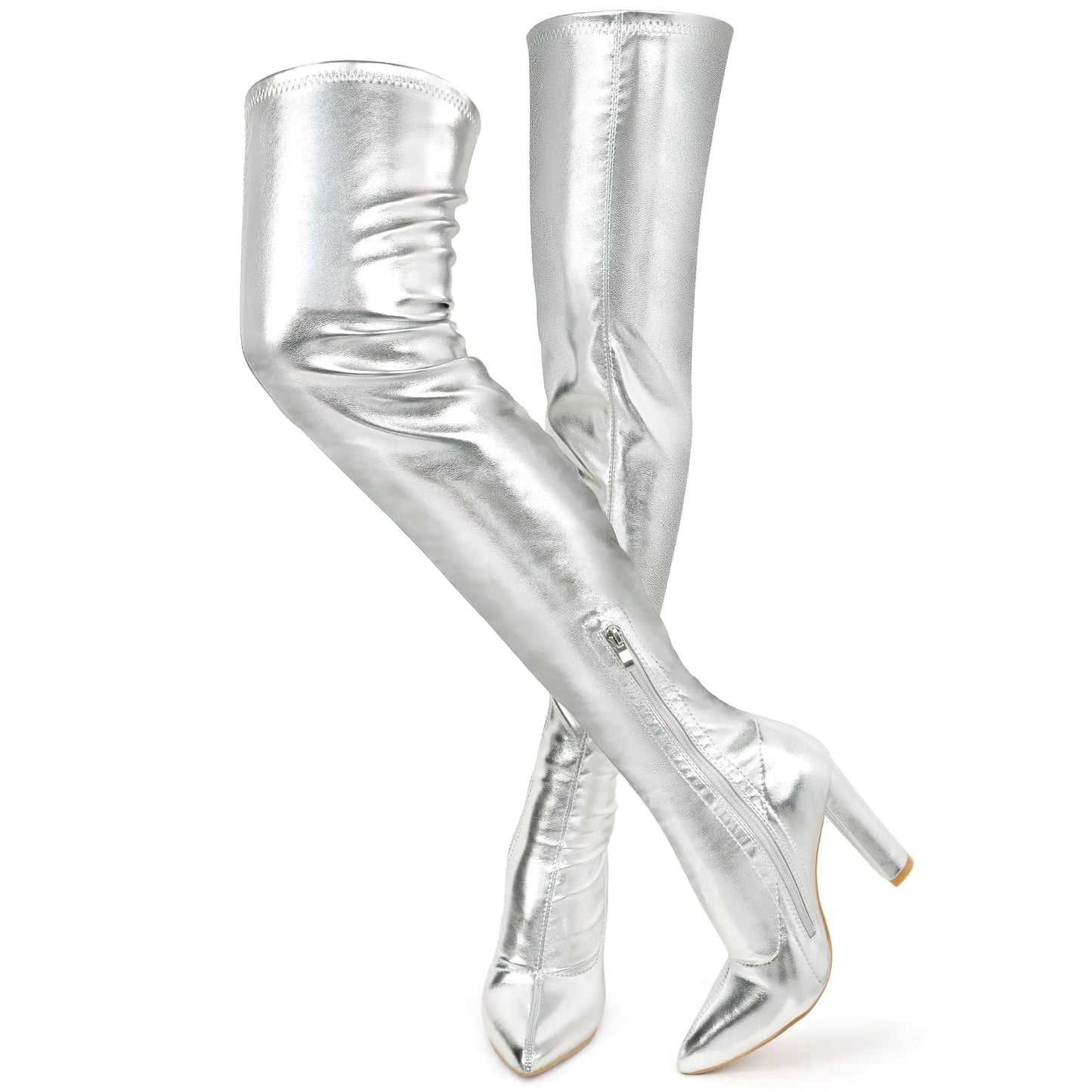 Bottes Wsheliu Argentées Hautes pour Femmes - Talon Épais au-dessus du Genou