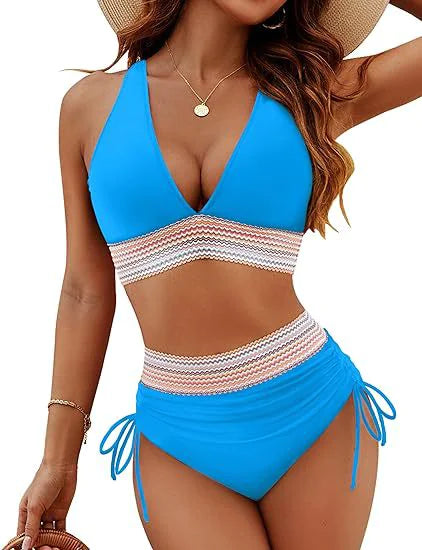 Color Block Drawstring Bikini Set