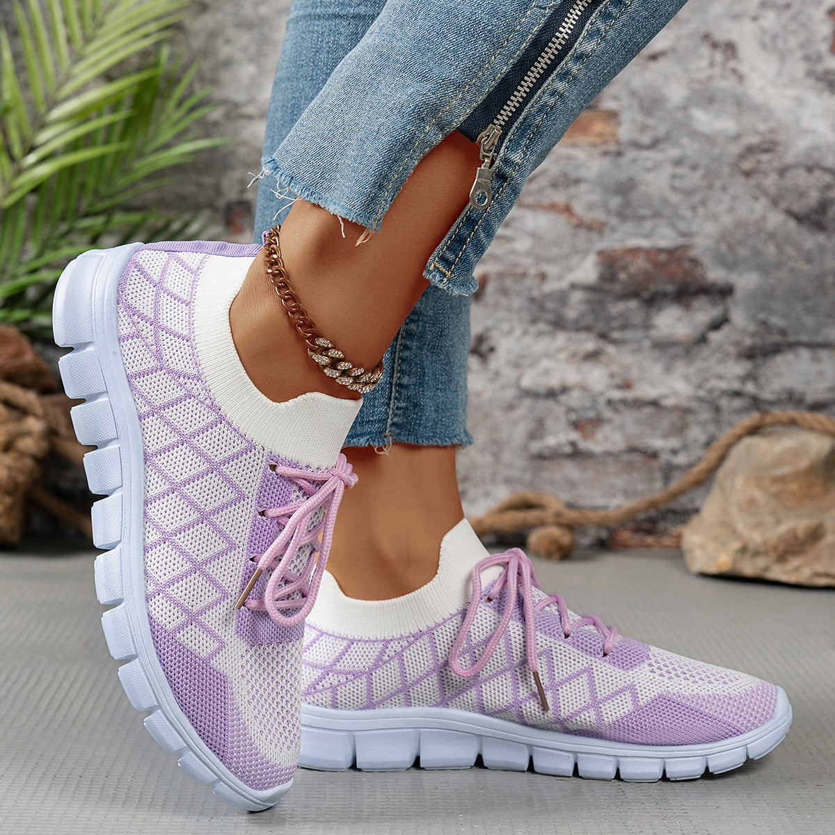 Baskets à lacets en Flyknit à carreaux colorblock pour femmes